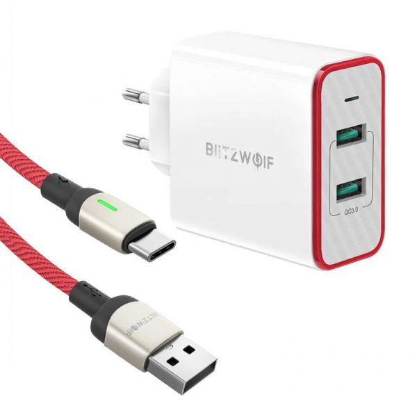 BlitzWolf BW-PL3 36W QC3.0 Dual Ports USB Charger EU Adapter + Cabo